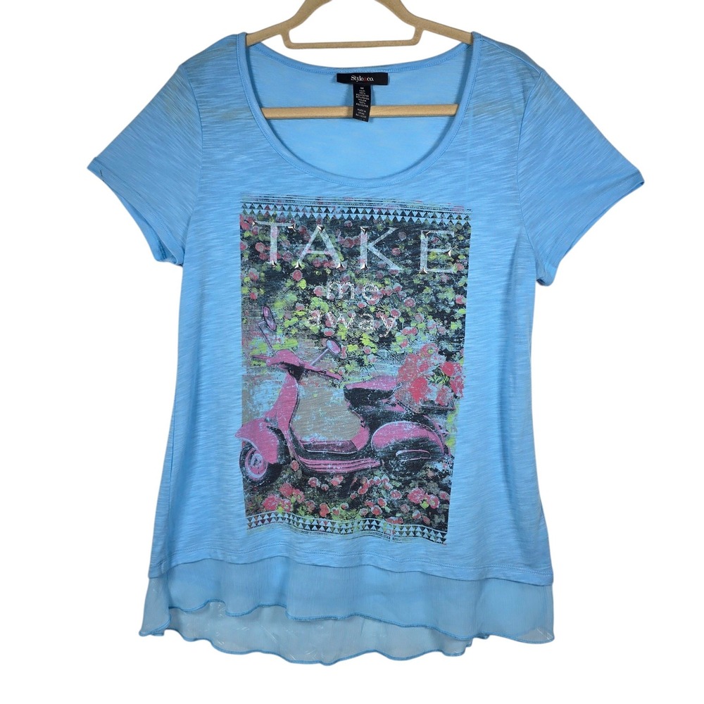Style & Co. Light Blue Short Sleeve Tee with Pink Scooter Graphic